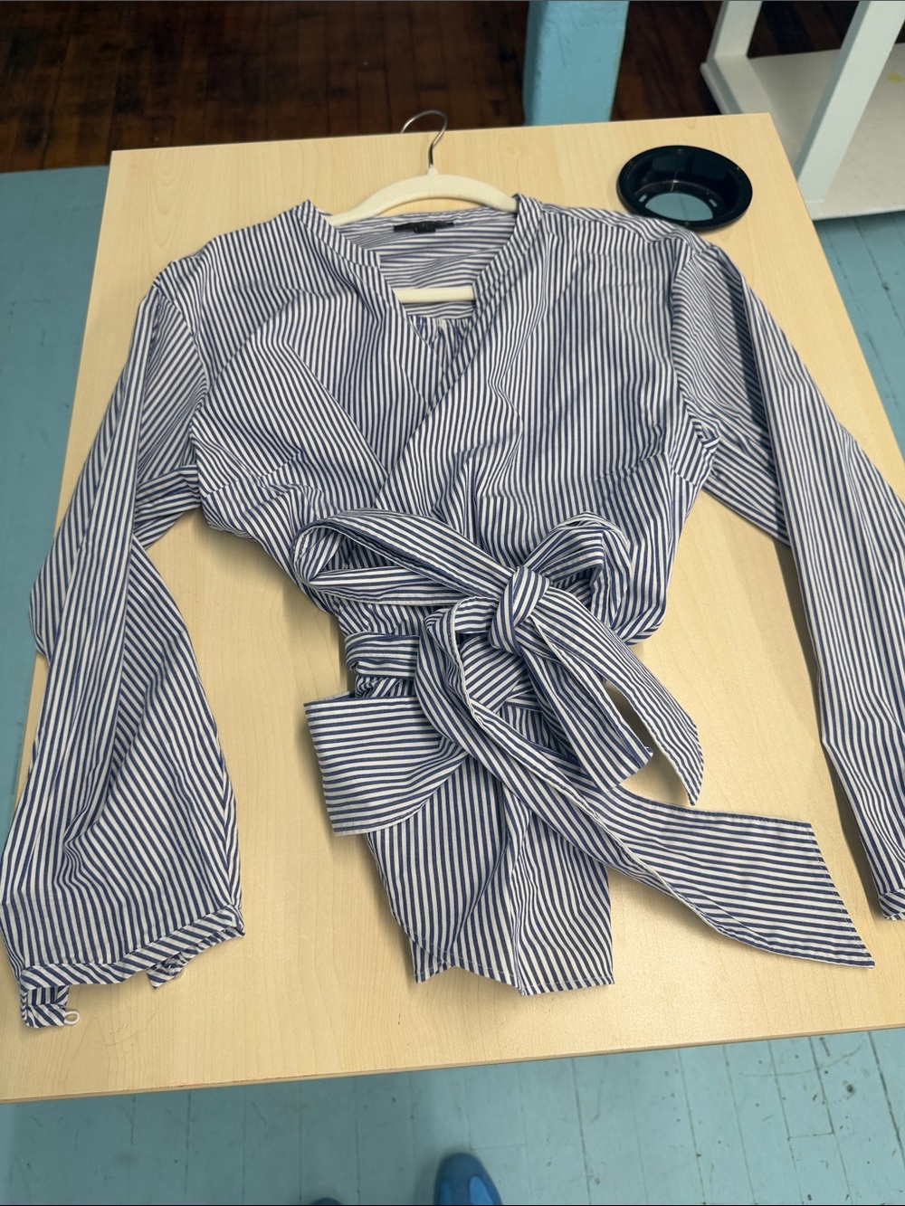 J Crew Pinstripe Wrap and Sash Blouse New L